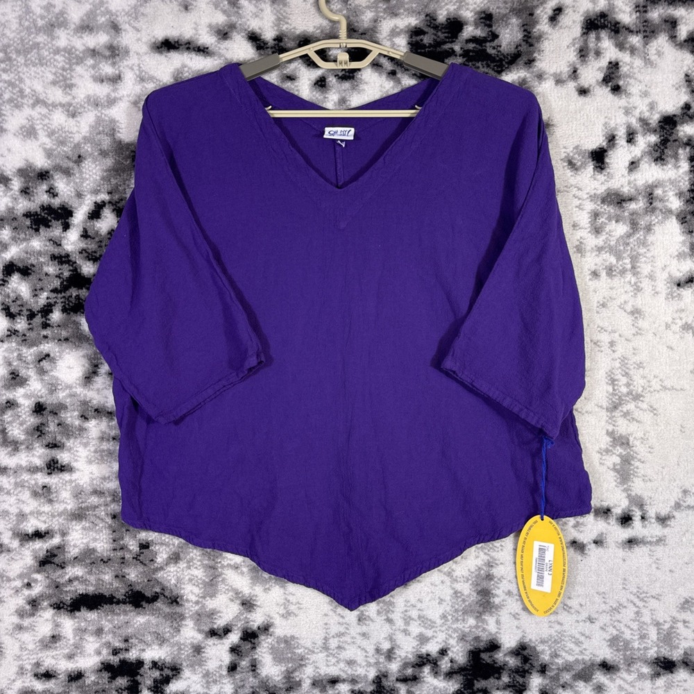 New Oh My Gauze Top Womens Size 3 Purple Cotton Woven V-Neck Lagenlook Boho